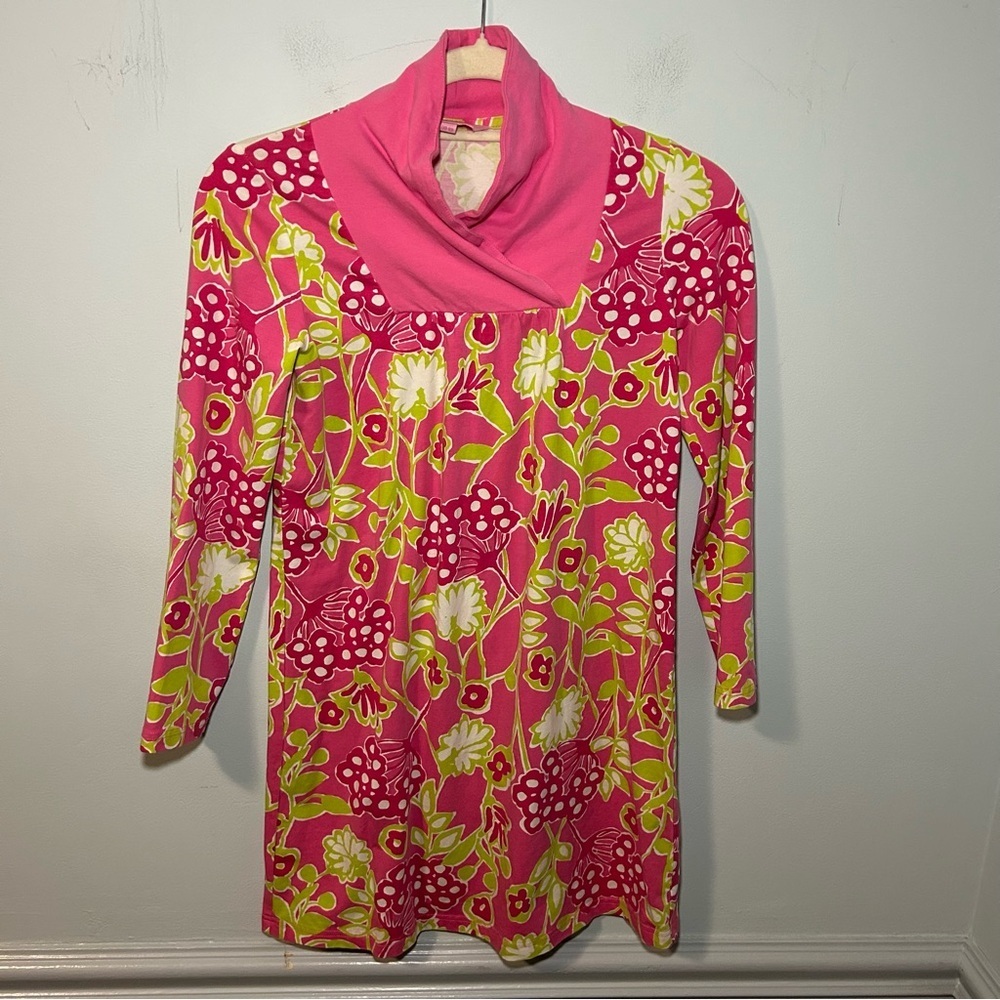 Lilly Pulitzer Pink & Green Floral 100% Cotton Natalie Sweater Dress Size Large